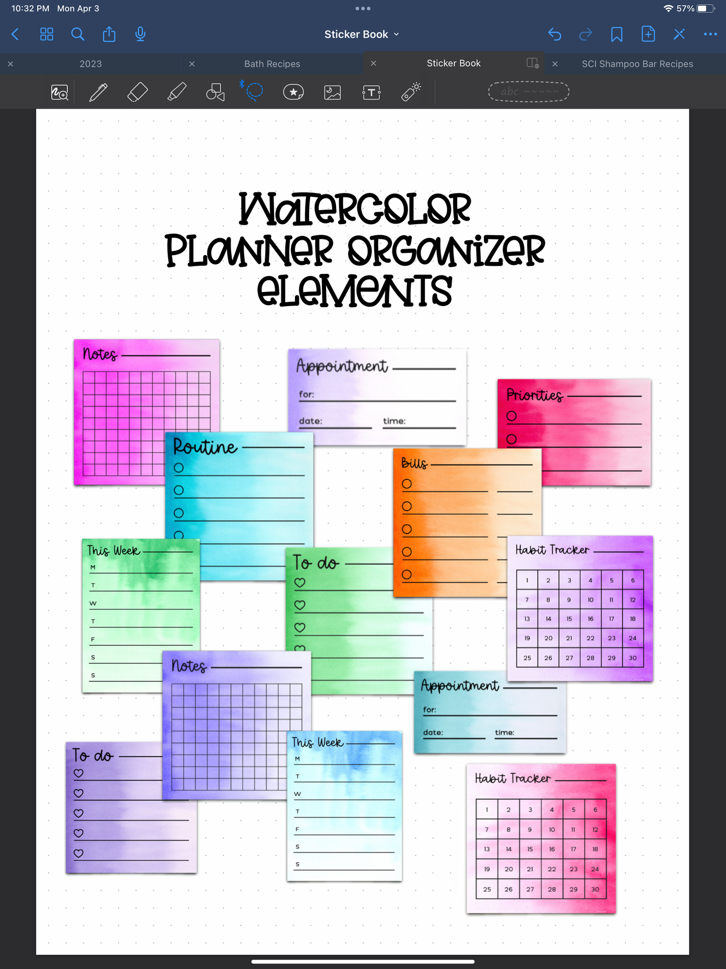 Watercolor Productivity Organizer Digital Stickers for Digital Planner