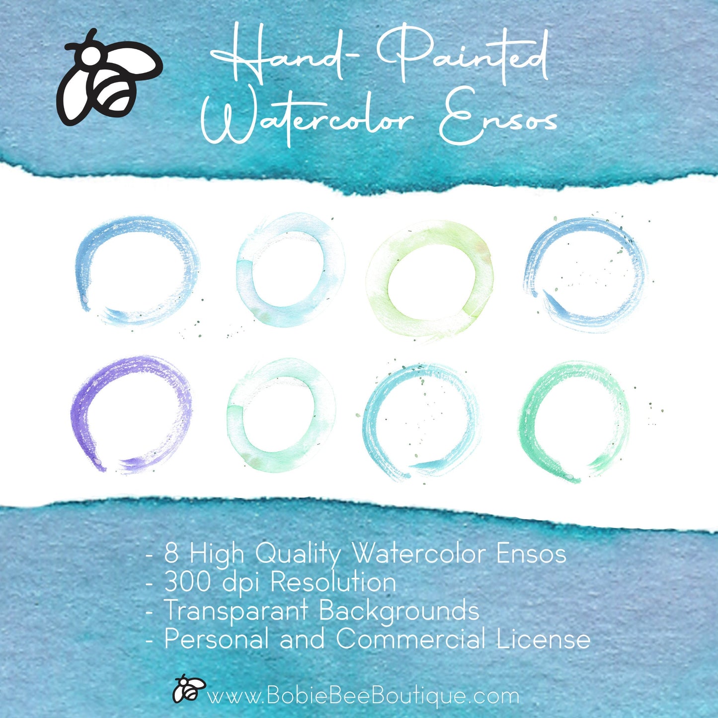 Colorful Watercolor Aqua Enso Bundle - Transparent Background PNG