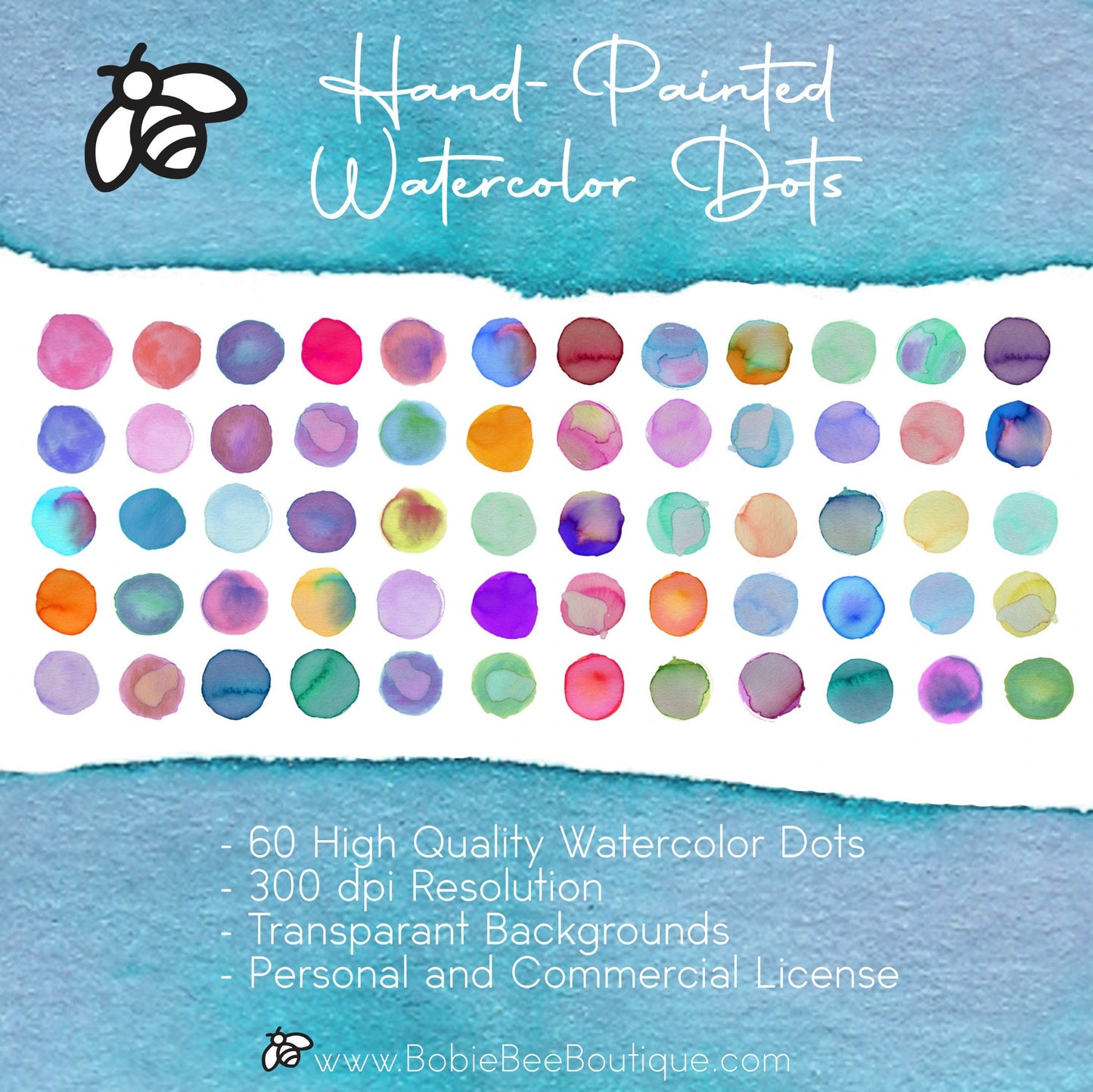 Set of 60 Colorful Digital Watercolor Dots Bundle