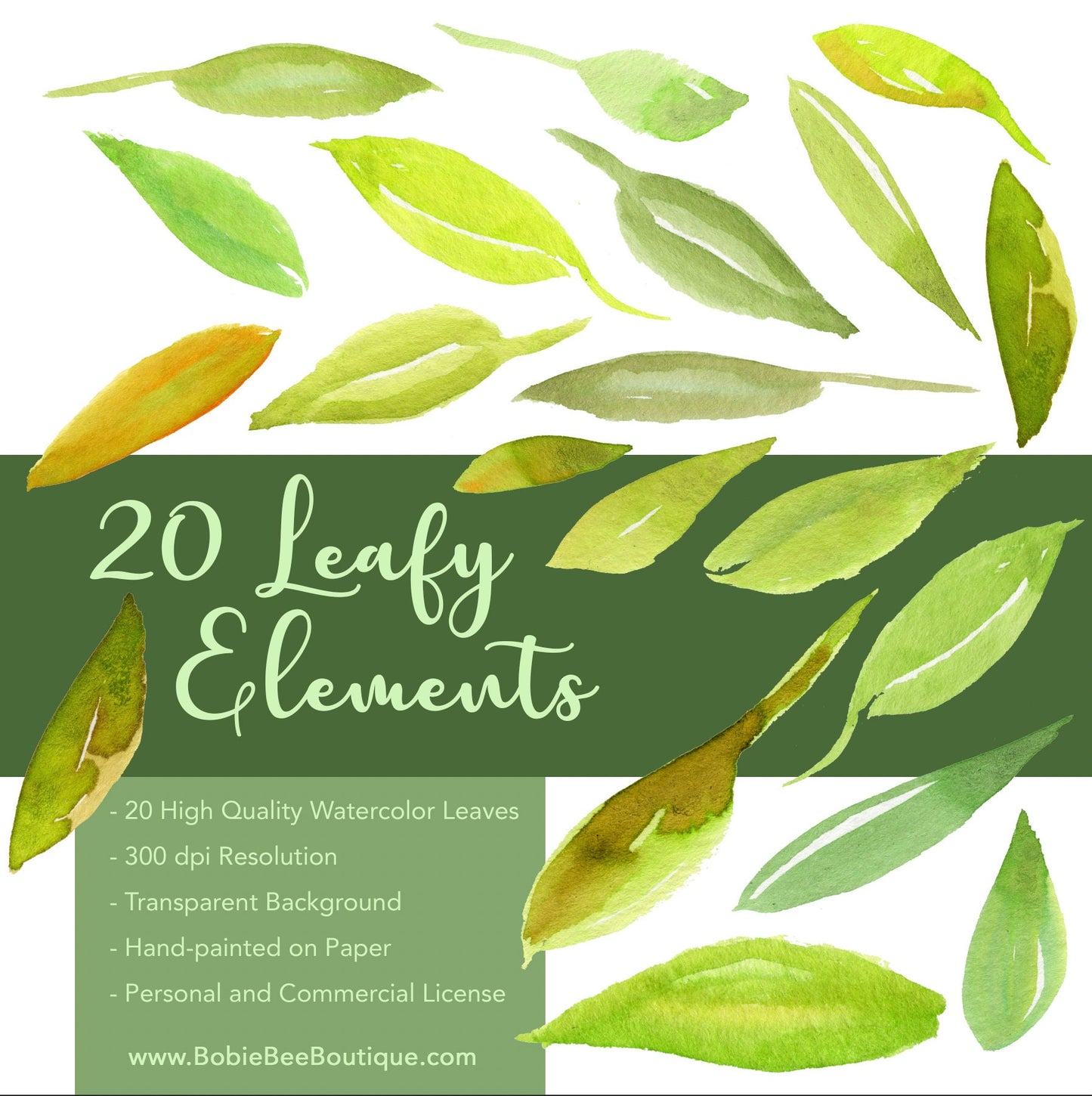 Set of 20 Green Digital Watercolor Leaves Bundle - Transparent Background PNG