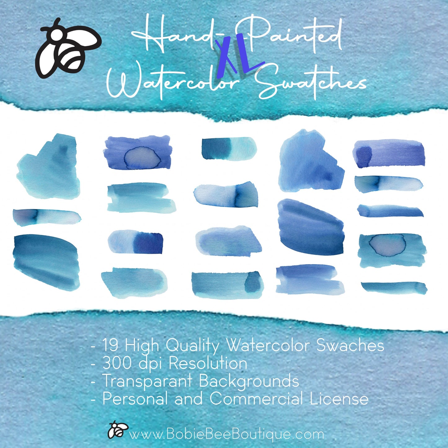 XL Blue Watercolor Swatch Bundle - Transparent Background PNG