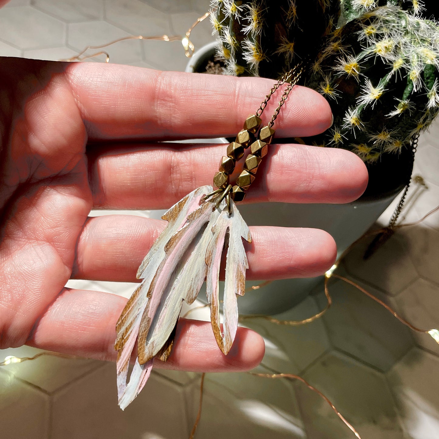 Hand-Painted Boho Wooden Feather Necklace
