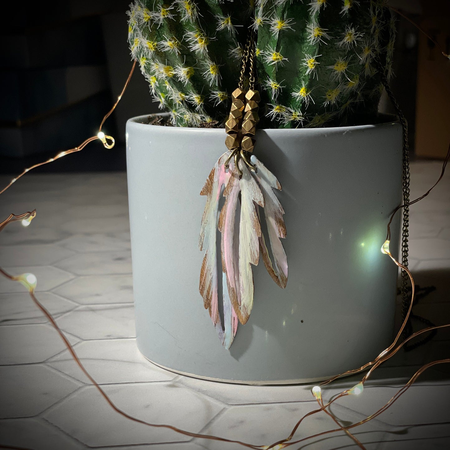 Hand-Painted Boho Wooden Feather Necklace