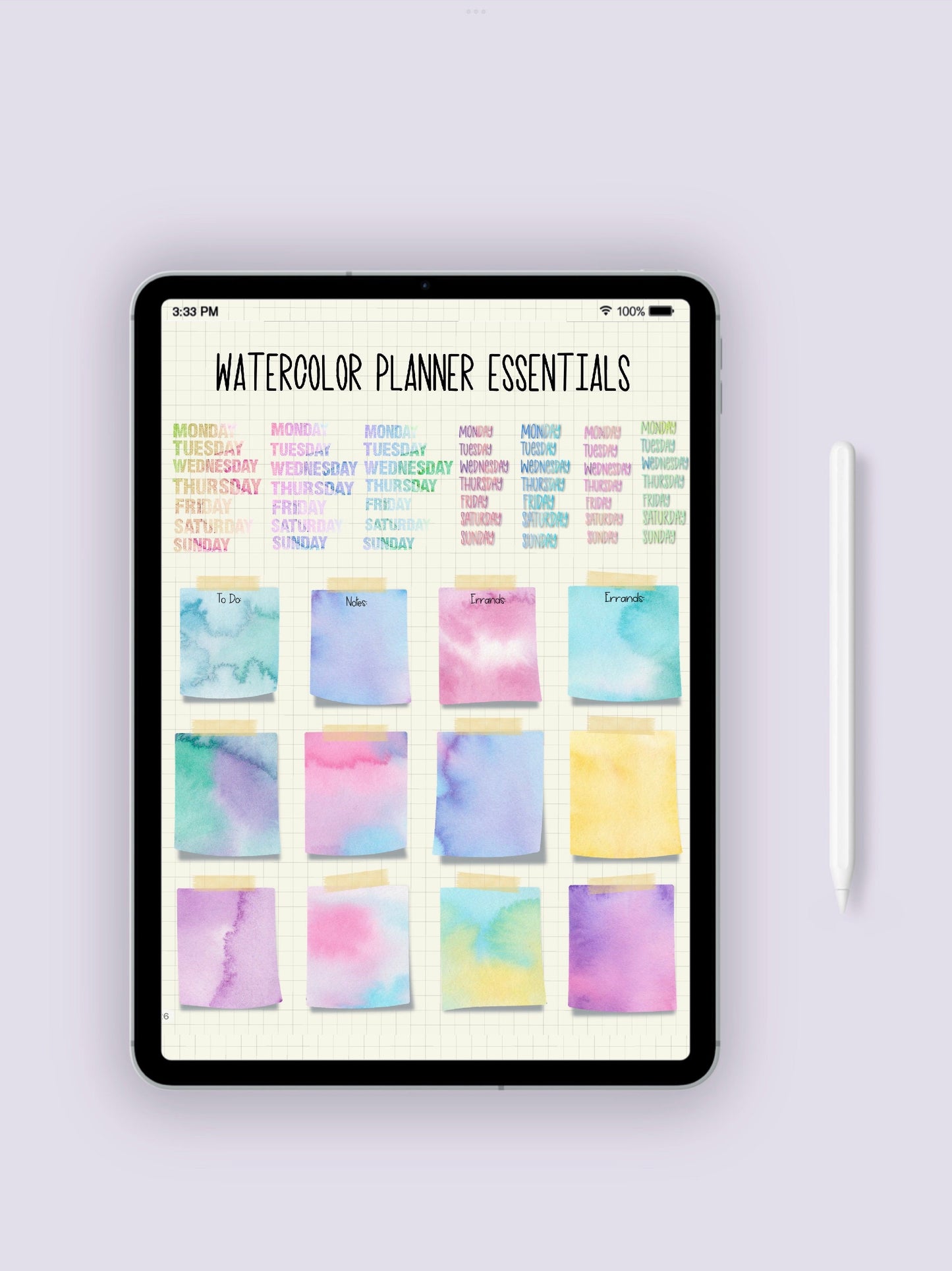 Set of 61 Watercolor Essentials Planner Digital Stickers for GoodNotes