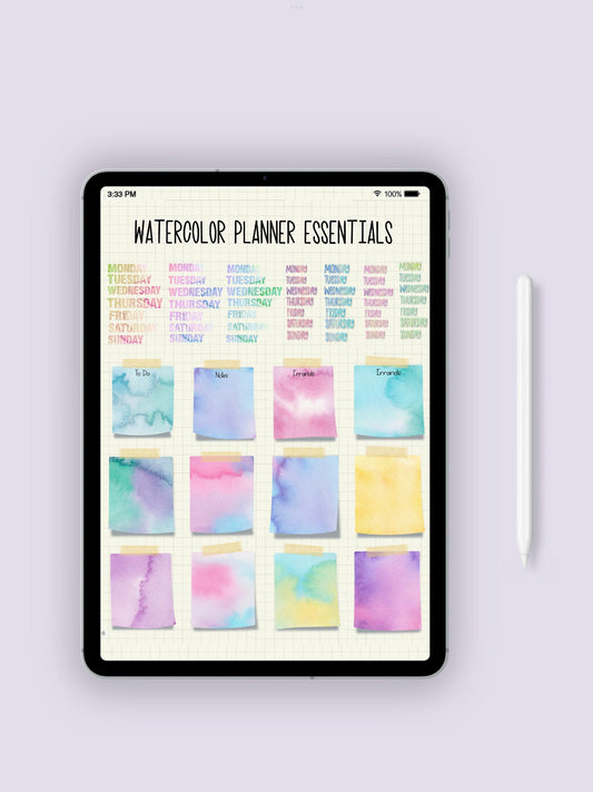 Set of 61 Watercolor Essentials Planner Digital Stickers for GoodNotes