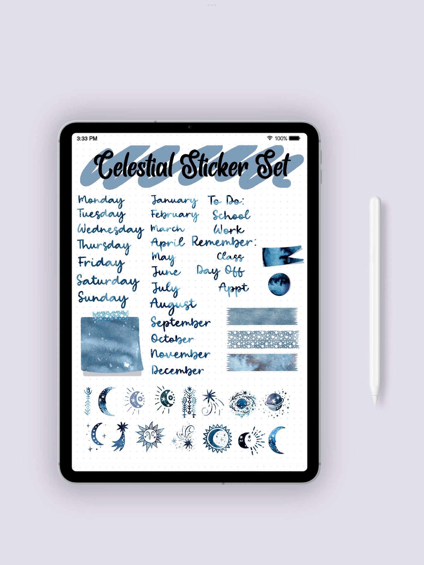 Set of 47 Celestial Planner Digital Stickers for GoodNotes